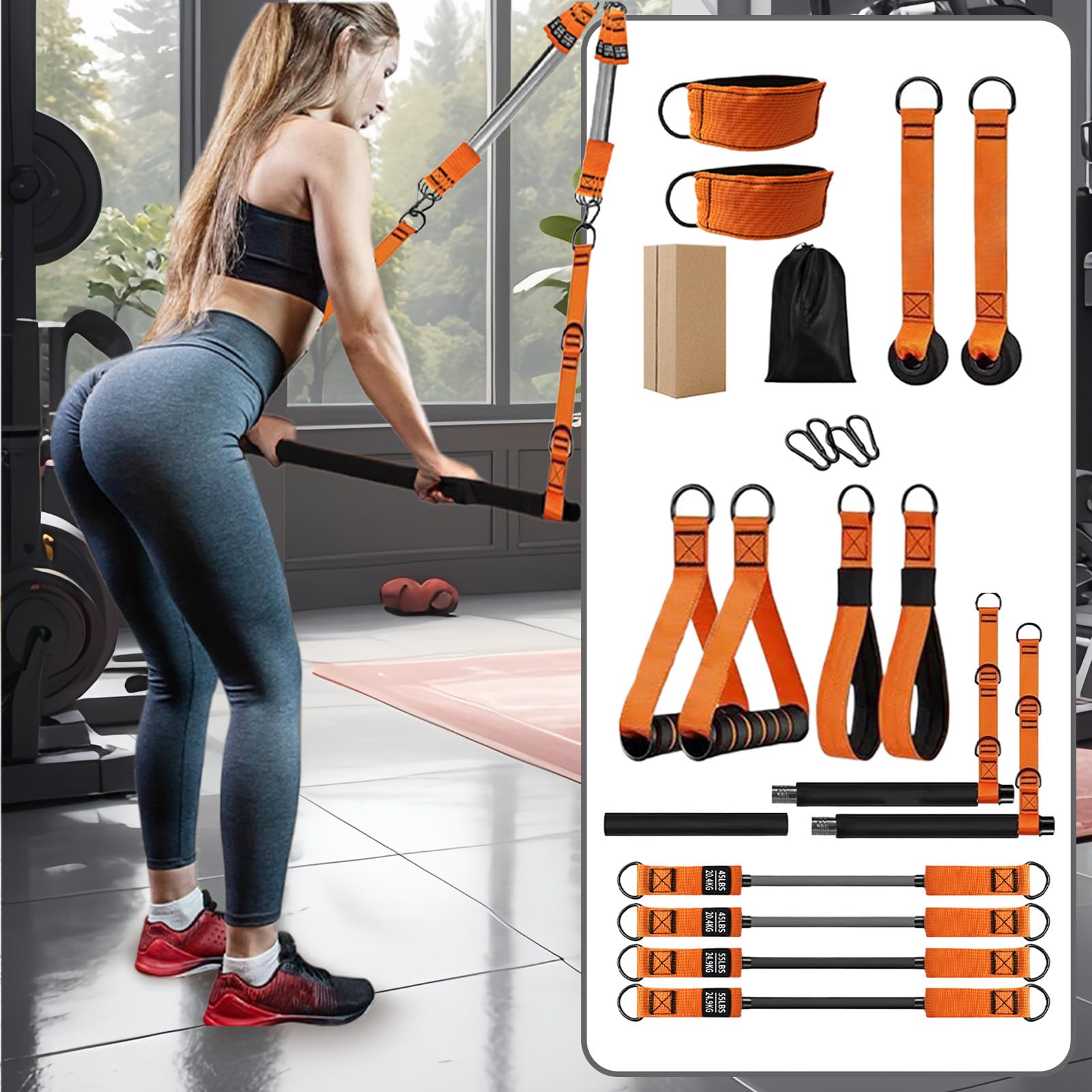 Pilates Bar mit Widerstandsbändern Verstellbarer Widerstand, tragbares | Multifunktionales Fitnessgerät Multifunktional Frauen Erwachsene Sportler Anfänger Fitness-Fans Home-Gym-