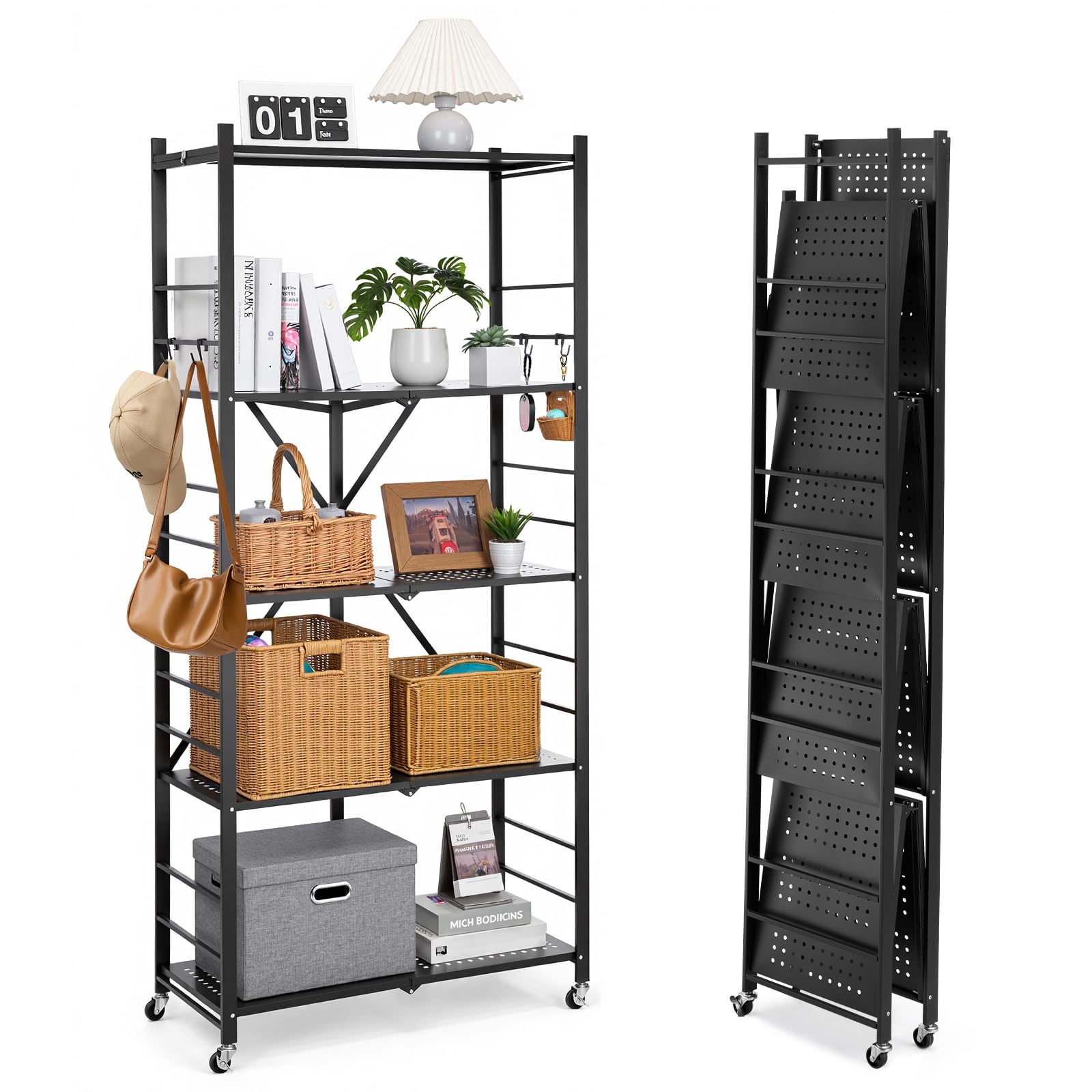 VEVOR Scaffale Portaoggetti Pieghevole a 5 Ripiani con Ruote, 360 x 810 x 1830 mm, Scaffale in Metallo Pieghevole, Robusto Resistente Senza Montaggio, per Garage, Cucina, Cantina Nero