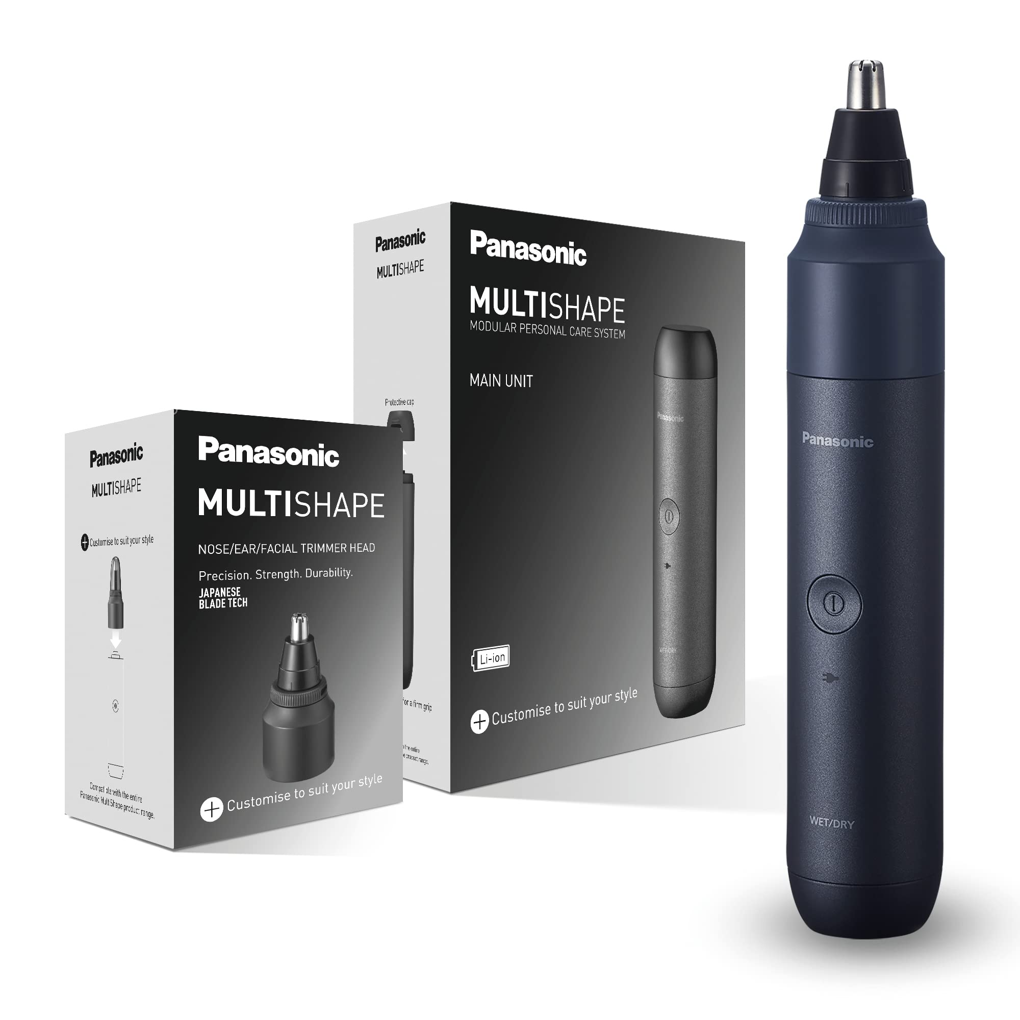 Panasonic Multishape ER-CBL1 uchwyt, akumulator litowo-jonowy, Czarny & Panasonic Multishape ER-CNT1 nasadka trymera do nosa, uszu i włosów na twarzy, na mokro i sucho