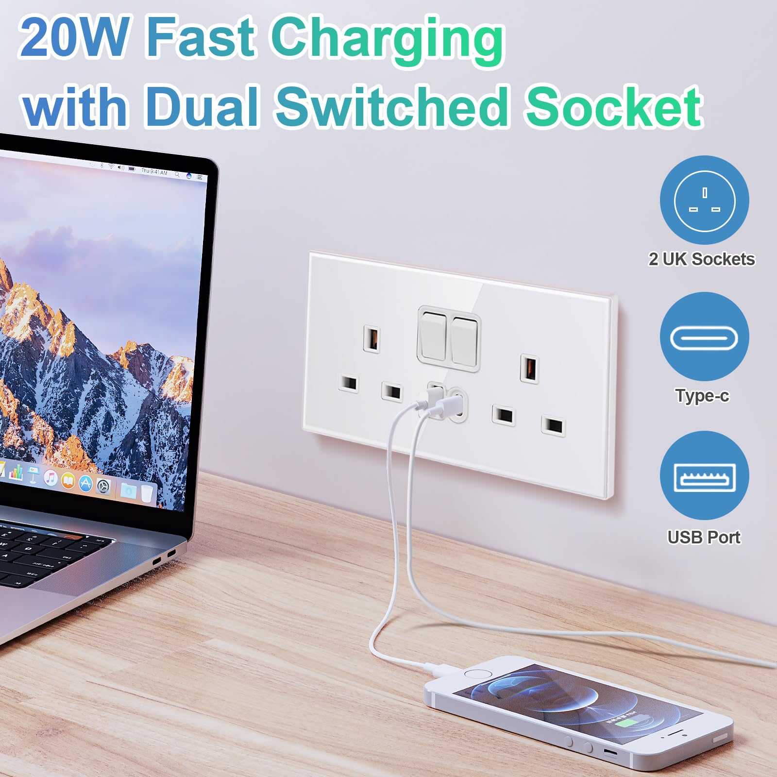 CNBINGO Lot de 5 prises doubles USB de type C en verre, charge rapide 20 W maximum, prise à double interrupteur avec 20 W PD USB C et A, prise électrique à 2 branches, prise murale blanche avec