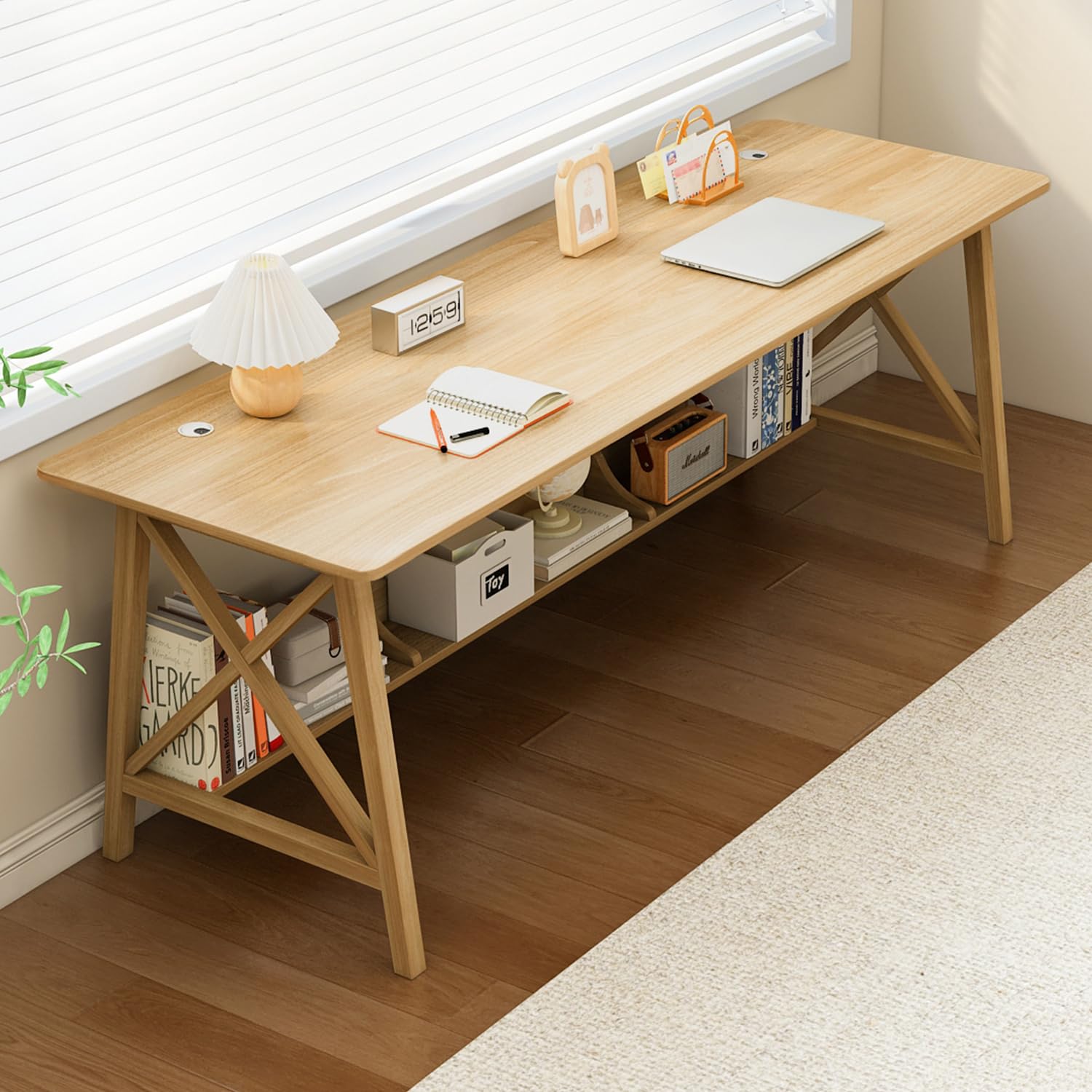 NELYE Extra Long Desk with Bookshelf - Wooden Home Office Work Study Table, 2-Person Writing Computer Workstation with Storage Shelf in Oak, 71" Wx24