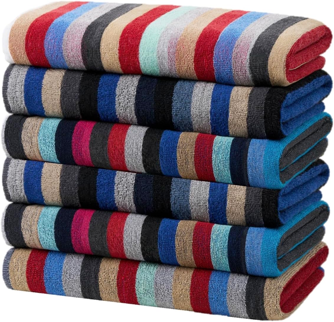 Kaufman Colored Classic Multi-Color Stripe Beach Towel - Oversized Beach Towels for Beach & Pool - Soft & Absorbent for Versatile Use - Large Cotton Towel for Adults & Kids 30" x 60" - 6 Pack