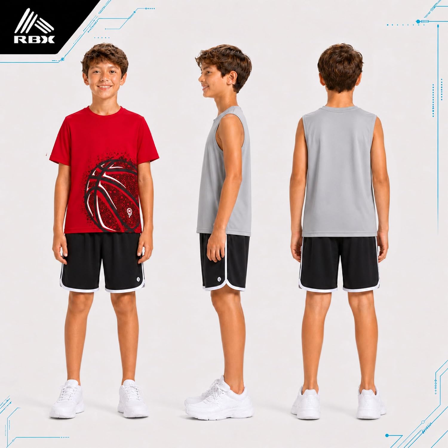 RBX Boys Active Short Set - 3 Piece Performance Short Sleeve Boys Shirts Dry Fit Sleeveless Jersey Shirt and Athletic Shorts