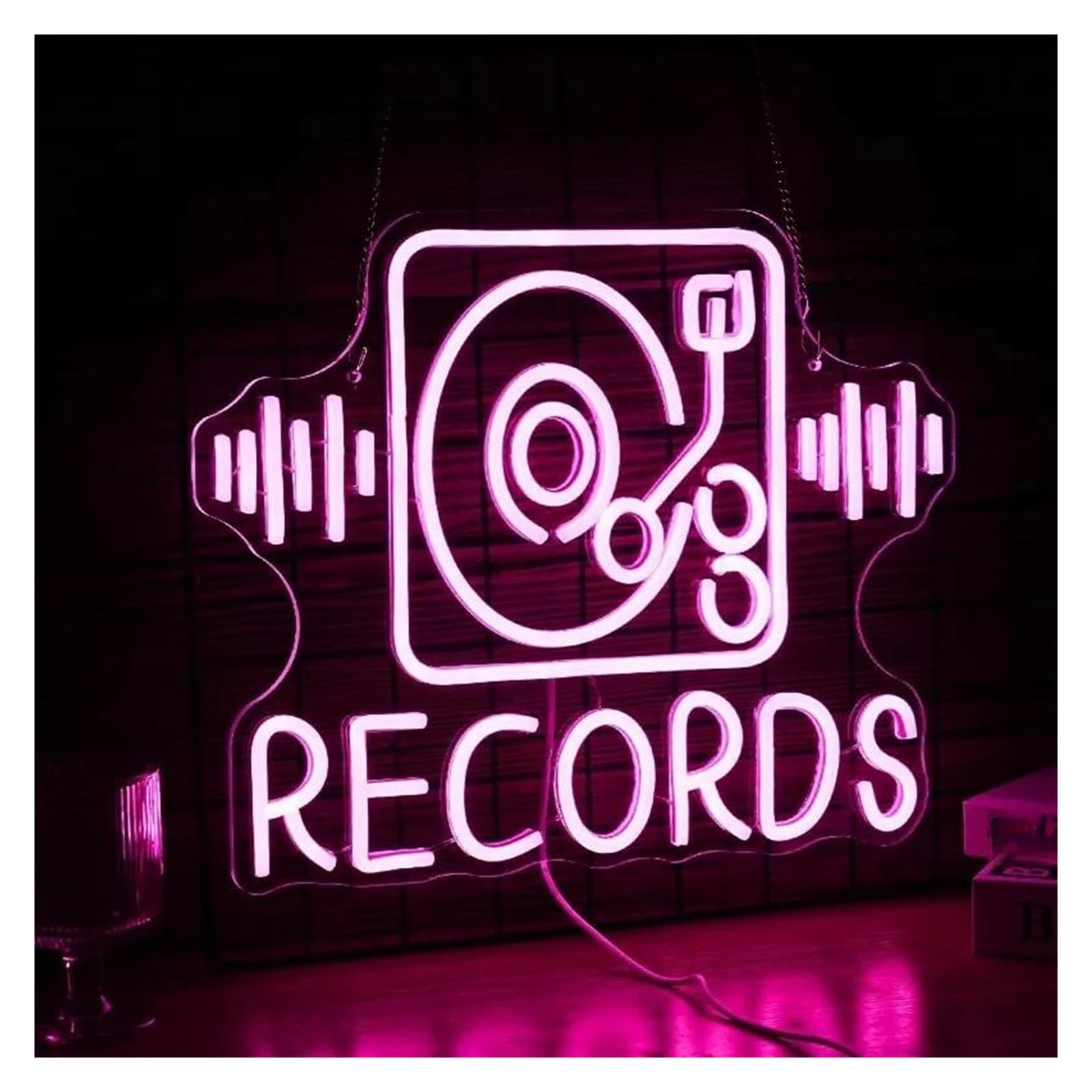 Insegna al Neon LED Records Insegna Al Neon Per Decorazione Murale USB Dimmerabile Rosa Negozio Di Dischi Musicali Karaoke Bar Party 31cm×40cm