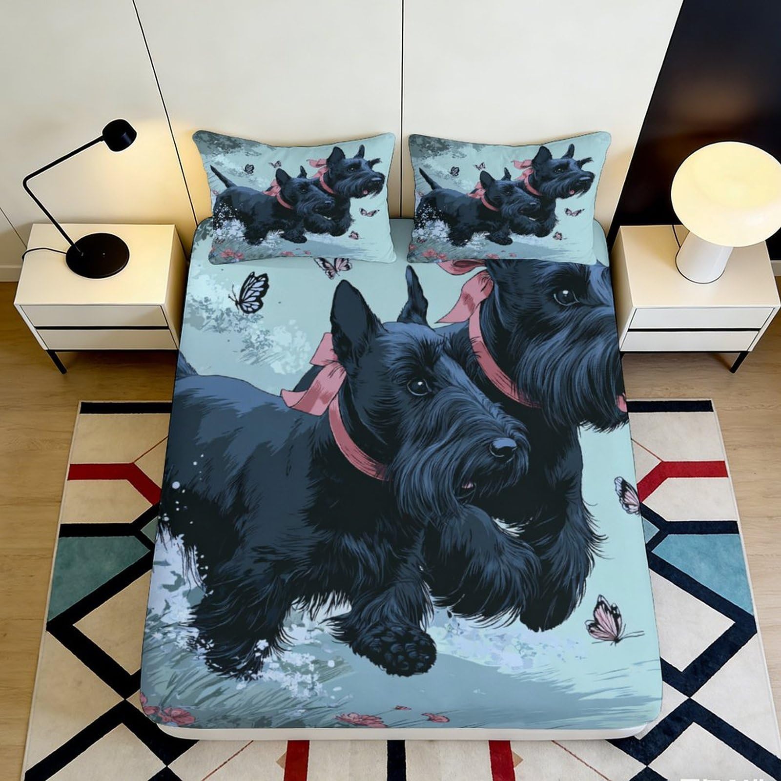 3D Printed Scottish Terrier Fitted Sheet Microfiber Black Dog Pattern Bed Cover for Bedroom Guestroom Decor 90x200x25cm