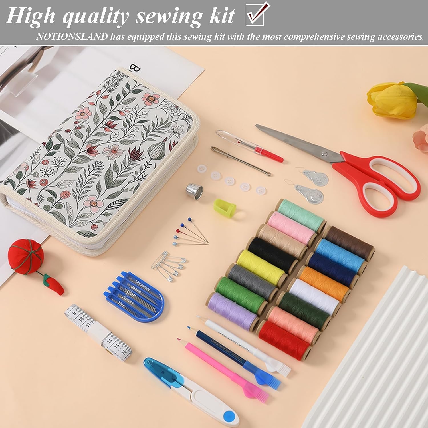 NOTIONSLAND Sewing Kit Basic Equipment, Sewing Kit Travel with Large Scissors Thread Sewing Needles Thimble Tape Measure etc., Complete Sewing Kit for Beginners, Travelers, Relatives and Friends