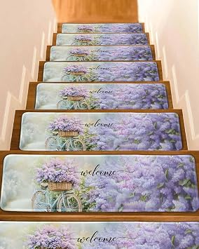 Purple Lavender Stair Treads for Wooden Steps Indoor, 4 Pack Non Slip Carpet Stair Treads for Kids Elders and Dogs with Reusable Adhesive, 8x30 inch Step Mats Spring Leaves Bike Farm Country Garden