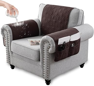 Recliner Armrest Cover with Headrest, Chair Armrest Slipcover with Side Pockets, Water-Resistant, Non Slip Furniture Protector for PetsBrown,1 Seater 3PCS