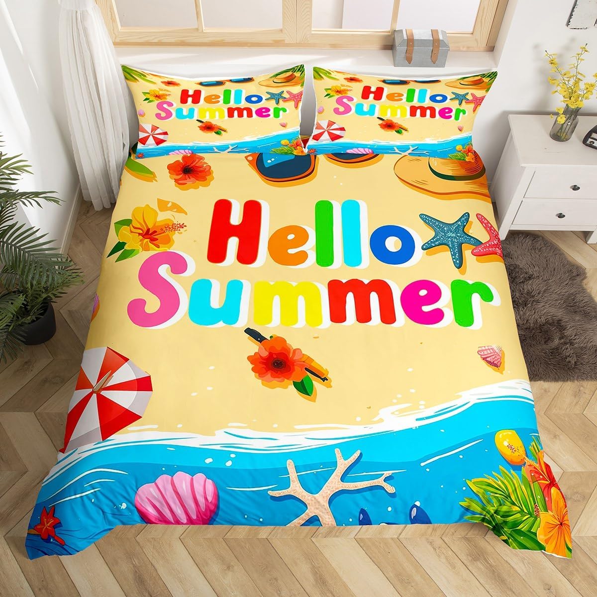 Ocean Beach Duvet Cover Toddler Size Hawaiian Summer Comforter Cover for Teens Adults Kids Starfish Shell Sealife Bedding Set Tropical Flower Botanical 2 Pieces Decorative Bed Cover(No Comforter)