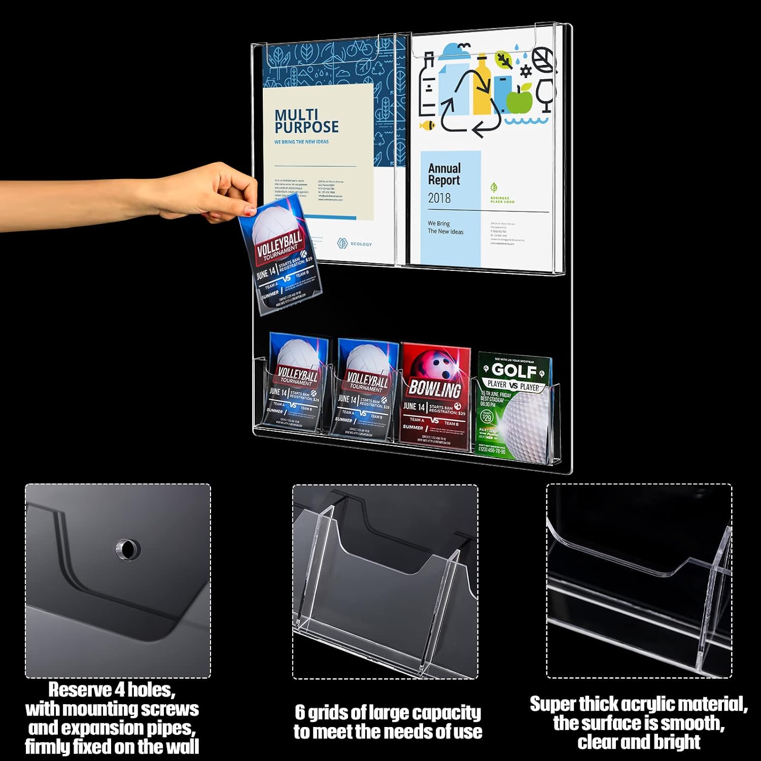 Eersida 6 Pocket Acrylic Brochure Holder Wall Mount, 21.65 x 17.72 Inches Plastic Magazine Holder Literature Multi Display Clear Pamphlet Display Flyer