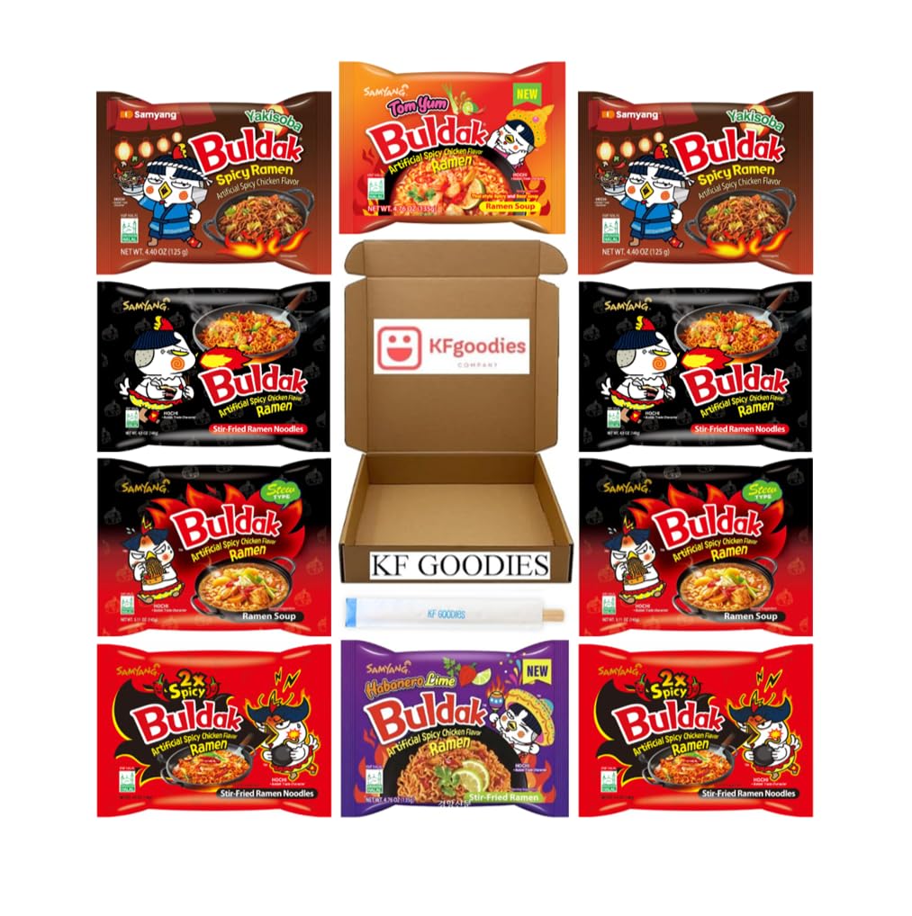 Samyang Buldak Hot Spicy Chicken Ramen Noodle Korean Stir-Fried Ramen (10, 2X (2), Carbonara (1), Cream Carbonara (1), Original (2), Tom Yum (2), Yakisoba (2))