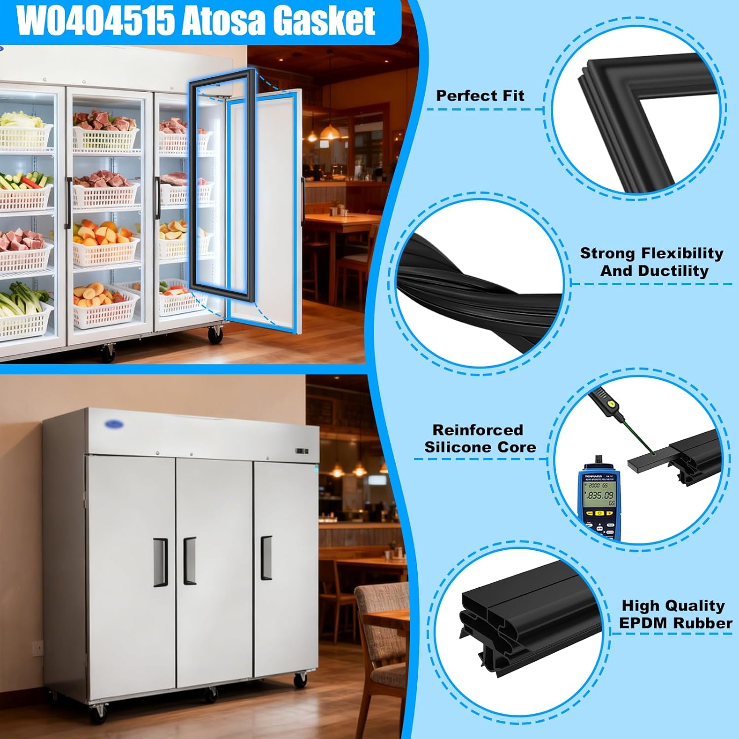 Upgraded W0404515 Refrigerator Door Seal Compatible with Atosa Commercial Upright Reach-In Freezer MBF8002 MBF8003 MBF8005 MBF8006 Freezer Door Gasket Black Cooler Door Gasket Atosa Magnetic Gasket