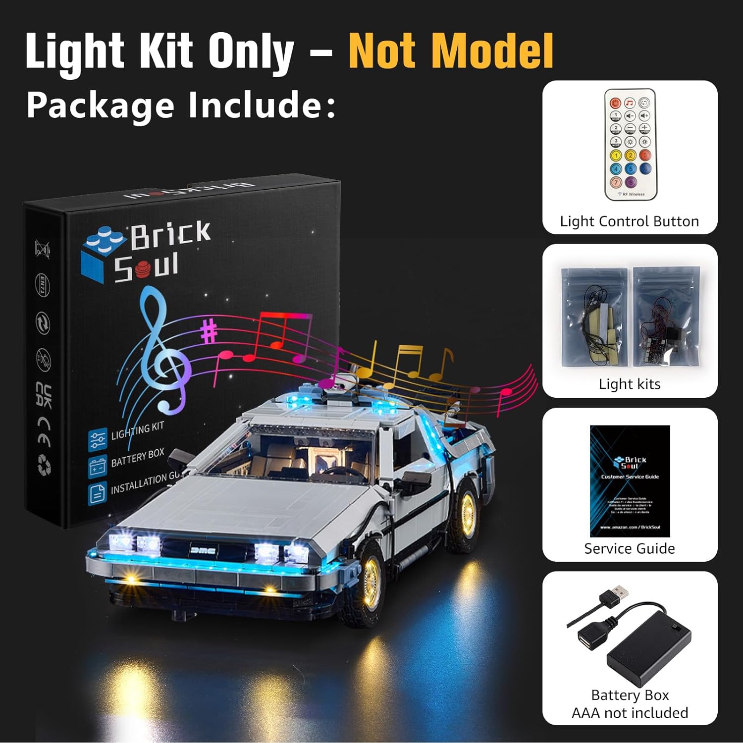 BrickSoul LED Light Up Kit for Lego Back to The Future Time Machine 10300 Building Set, Upgrade RC Adjustable Lighting Mode with Original Sound, Lighting Accessories Not Included 10300 Model