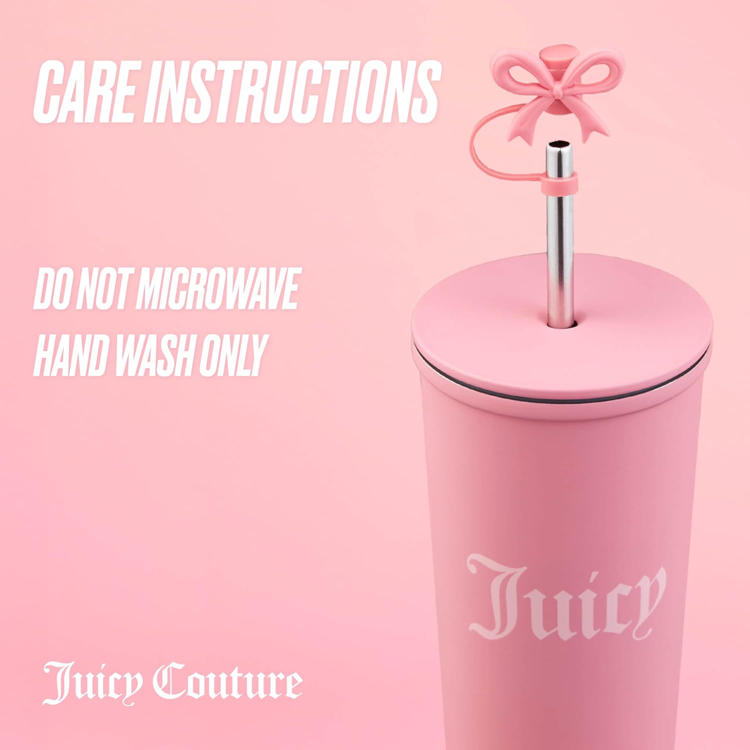 Juicy Couture 6-Piece Tumbler Gift Set With 24oz Stainless Steel Tumbler With Reusable Straw, 3 Straw Toppers and Cleaning Brush, Pink