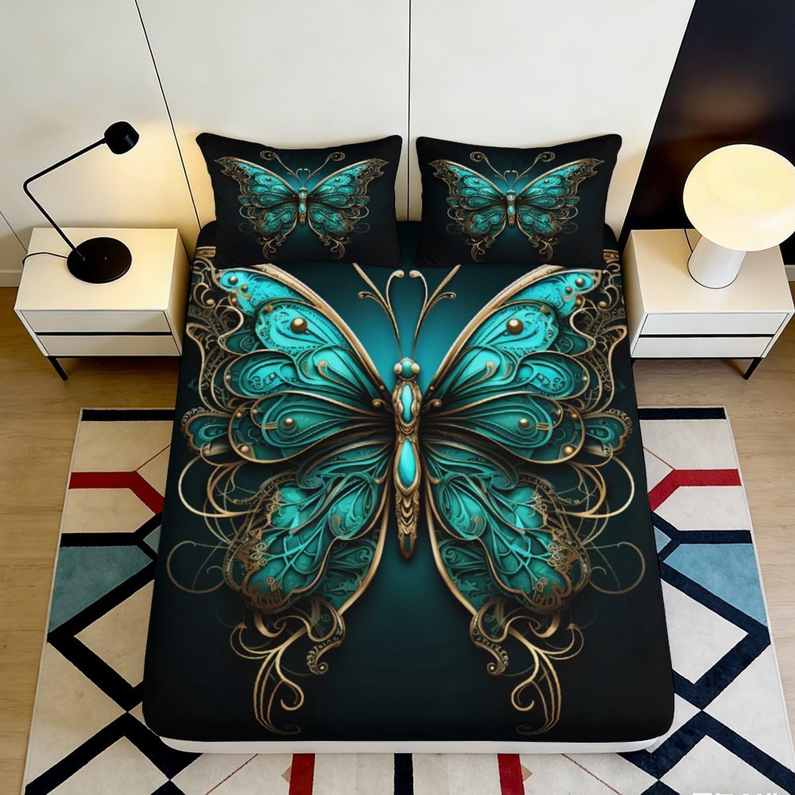 3D Printed Blue Butterfly Fitted Sheet Microfiber Soft Breathable Elegant Butterfly Mattress Cover for Bedroom Dormitory Guest Room Decor 120x200x25cm