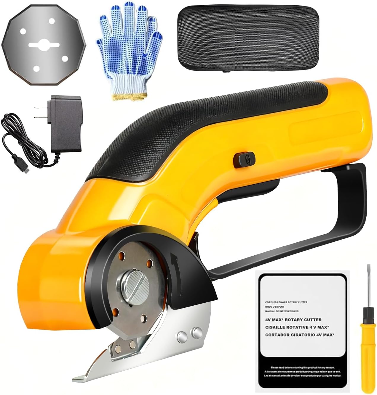 ZFULVO Cordless Electric Scissors Rechargeable with 2-Blade & Storage Bag, Powerful Rotary Cardboard Box Cutter 3.7V 2000mAh for Cloth Carpet Plastic Leather, Charging Cable(Yellow)