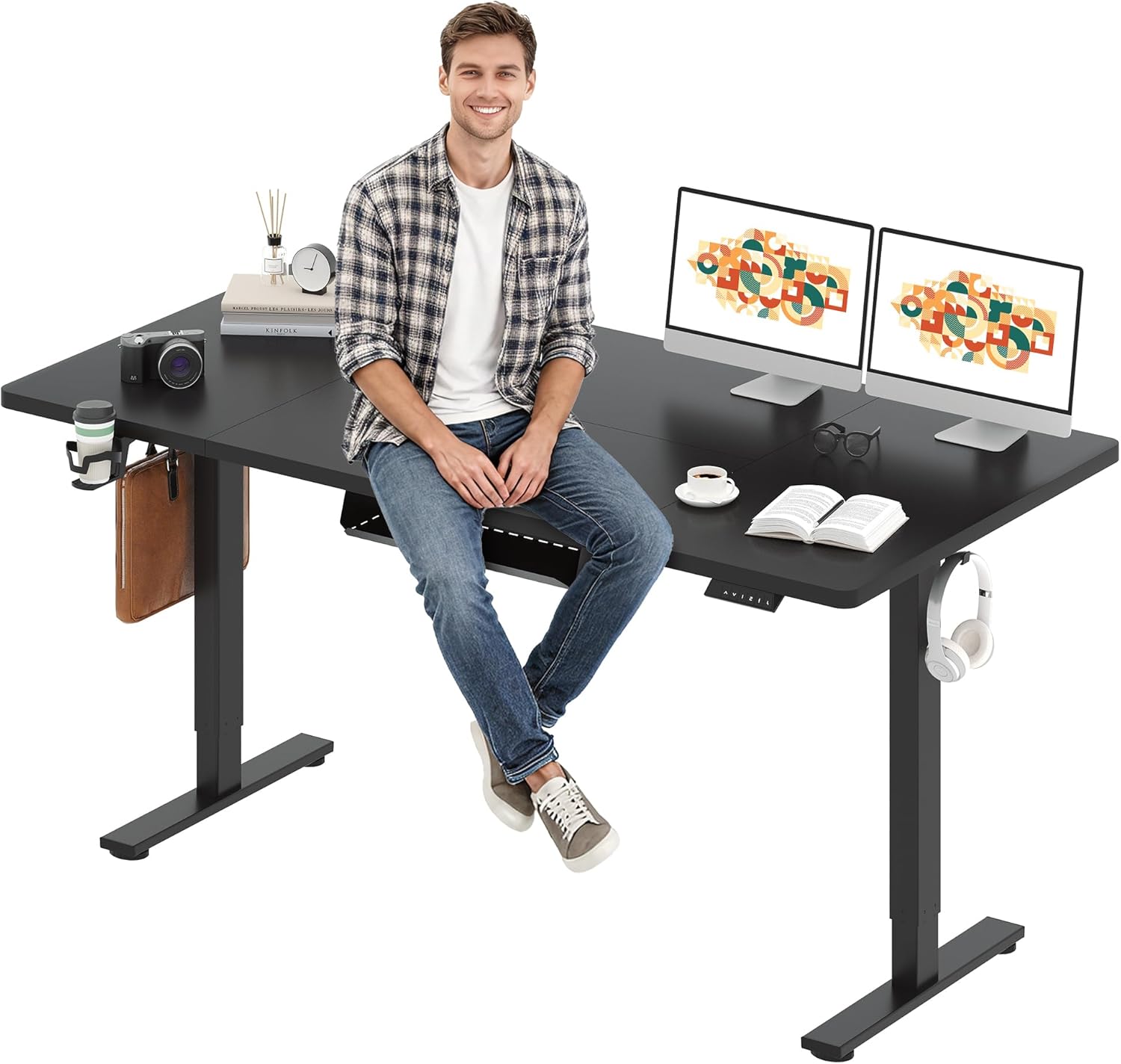 SANODESK Electric Standing Desk 71 x 32 Inches Height Adjustable Stand Up w/6-Button Controller Ergonomic Computer Desk with Splice Board for Home Office, Black Frame + Black Tabletop