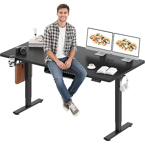 SANODESK Electric Standing Desk 71 x 32 Inches Height Adjustable Stand Up w/6-Button Controller Ergonomic Computer Desk with Splice Board for Home Office, Black Frame + Black Tabletop