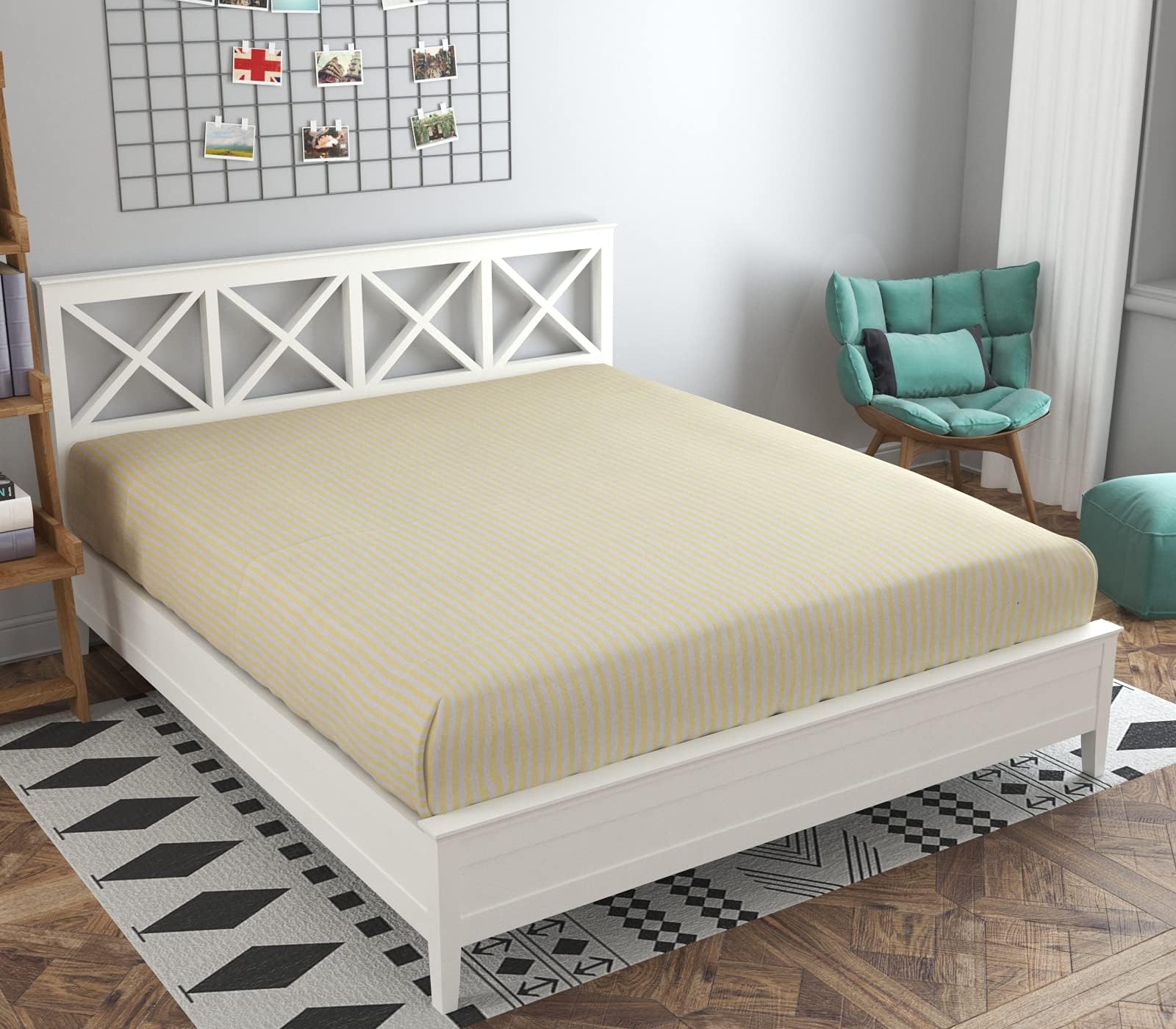 RANGBHAR Handloom Cotton Double Bedsheet Without Pillow Covers, Woven Striped Bedcover, 90 x 100 inch, Pastel Yellow