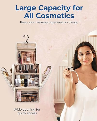 Miniatura 3 de BAGSMART Neceser de viaje, bolsa de maquillaje de gran capacidad, bolsas de cosméticos para mujeres con gancho para colgar, resistente al agua para