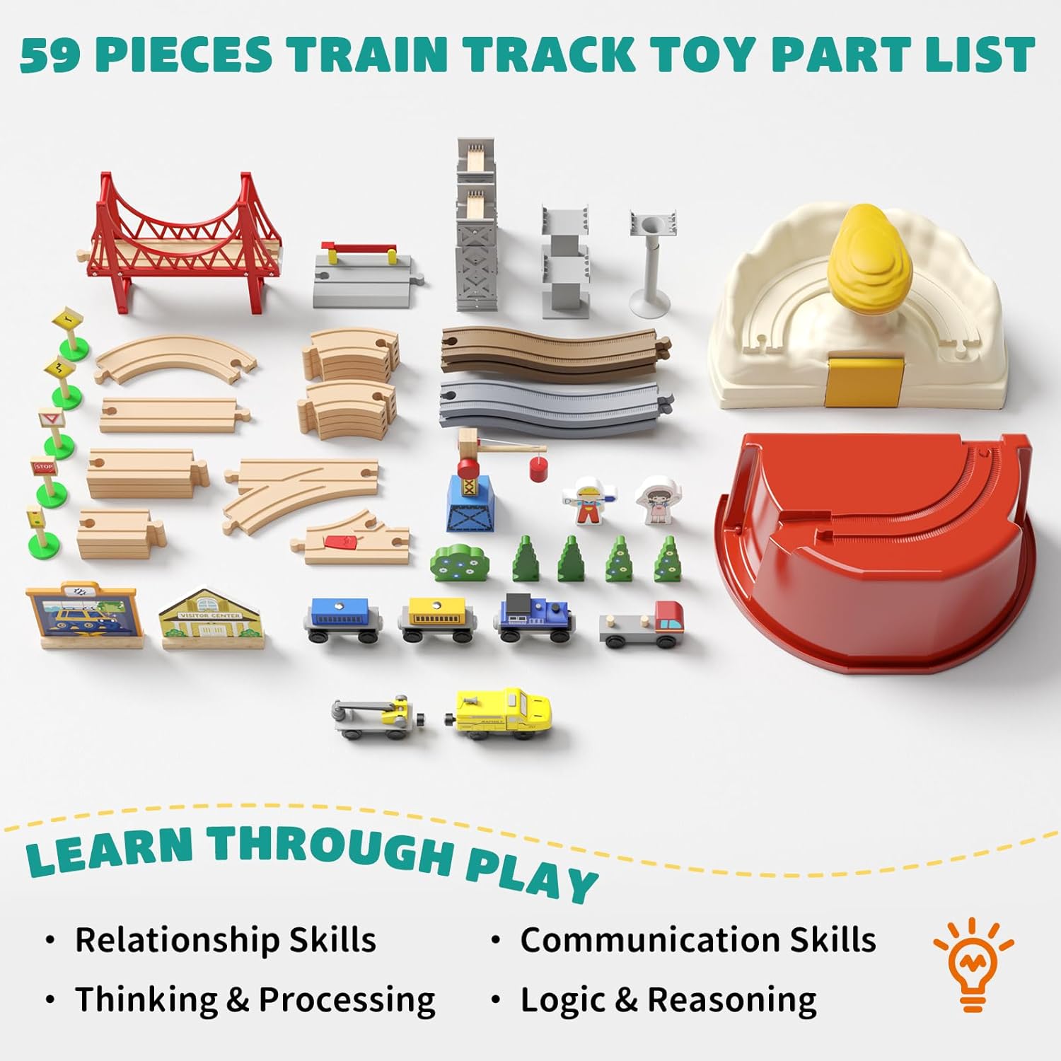 tonfoo Train Set 59pcs Train Set, Toy Train for Boys & Girls with Wooden Train Track, Wooden Toys for 3-7 Years Old Toddlers & Kids, Railway Set Christmas Toys for Kids