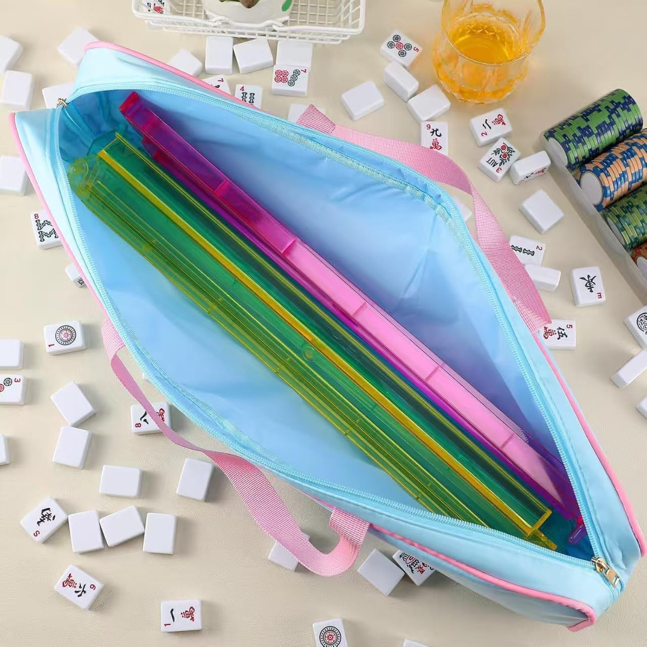 (4PCS) Mahjong Rack, +Multi-Functional Storage Bag+A Set of Scoring Card Rules,21 x 6.5 x 2 Inch, Fits 8 Racks (Blue and Pink Set)