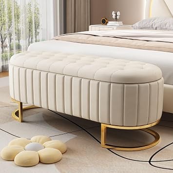 Upholstered Velvet Storage Ottoman with Button-Tufted, End of Bed Storage Benches with Metal Legs, Elegant Foot Stool for Bedroom, Living Room Beige