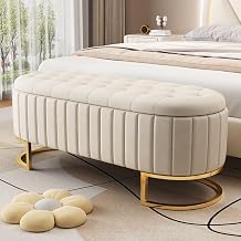 Upholstered Velvet Storage Ottoman with Button-Tufted, End of Bed Storage Benches with Metal Legs, Elegant Foot Stool for Bedroom, Living Room Beige