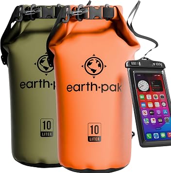 Earth Pak Waterproof Dry Bag - Roll Top Waterproof Backpack Sack Keeps Gear Dry for Kayaking & Fishing with Phone Case Orange 10L & Green 10L
