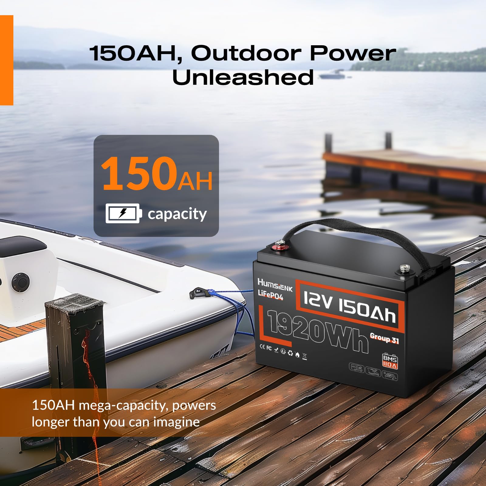 Humsienk 12V 150Ah akumulator Deep Cycle LiFePO4 z BMS 110 A, 15000 cykli, maks. 1920 Wh energii z funkcją ochrony przed niską temperaturą, idealny zamiennik dla akumulatorów kwasowo-ołowiowych