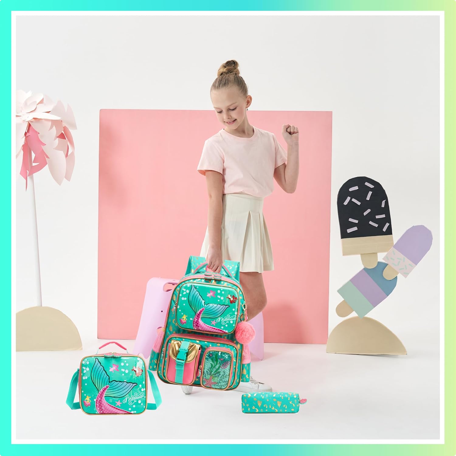 Meetbelify Backpacks for Girls Cute School Backpacks for Elementary Students Ages 8-10 Kids Mermaid Travel Backpack Large Capacity Laptop Bookbag with Lunch Box 3 in 1 Backpack Set for Girls