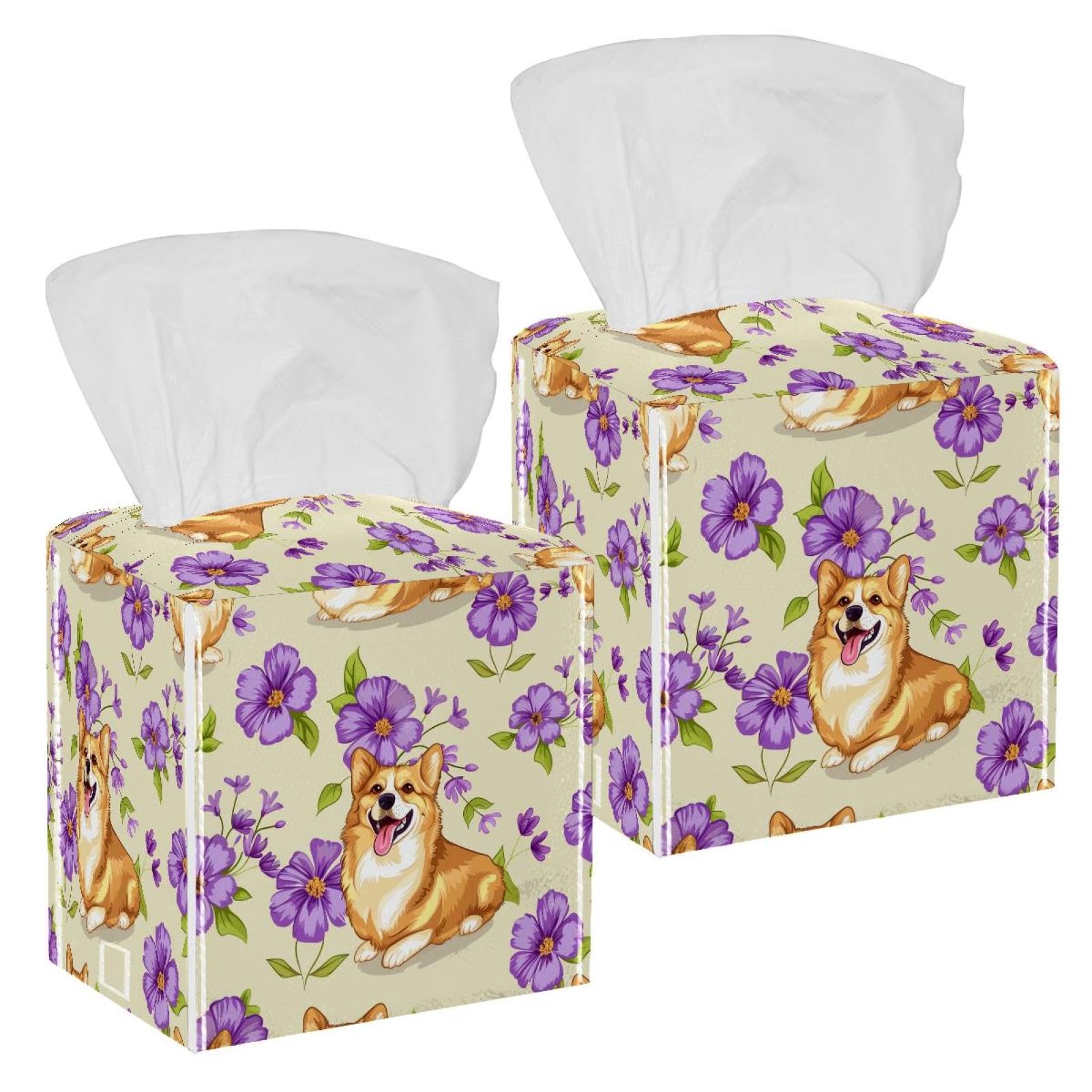 Corgi Dogs Tissue Box Cover, 2 Pack PU Leather Square Facial Tissue Dispenser Box holder for Home Office Car