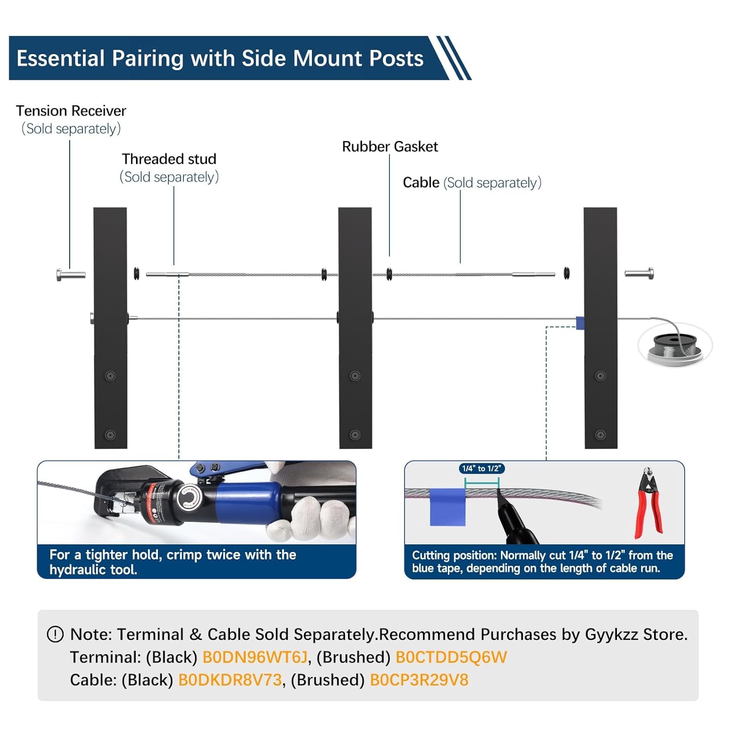 36" Side Mount Cable Railing Post, Level Drilled Space-Saving Side Mount Post System, Stainless Steel T304 Fascia Mount Handrail Post, Heavy-Duty Cable Railing Kit Indoor Outdoor Deck Post