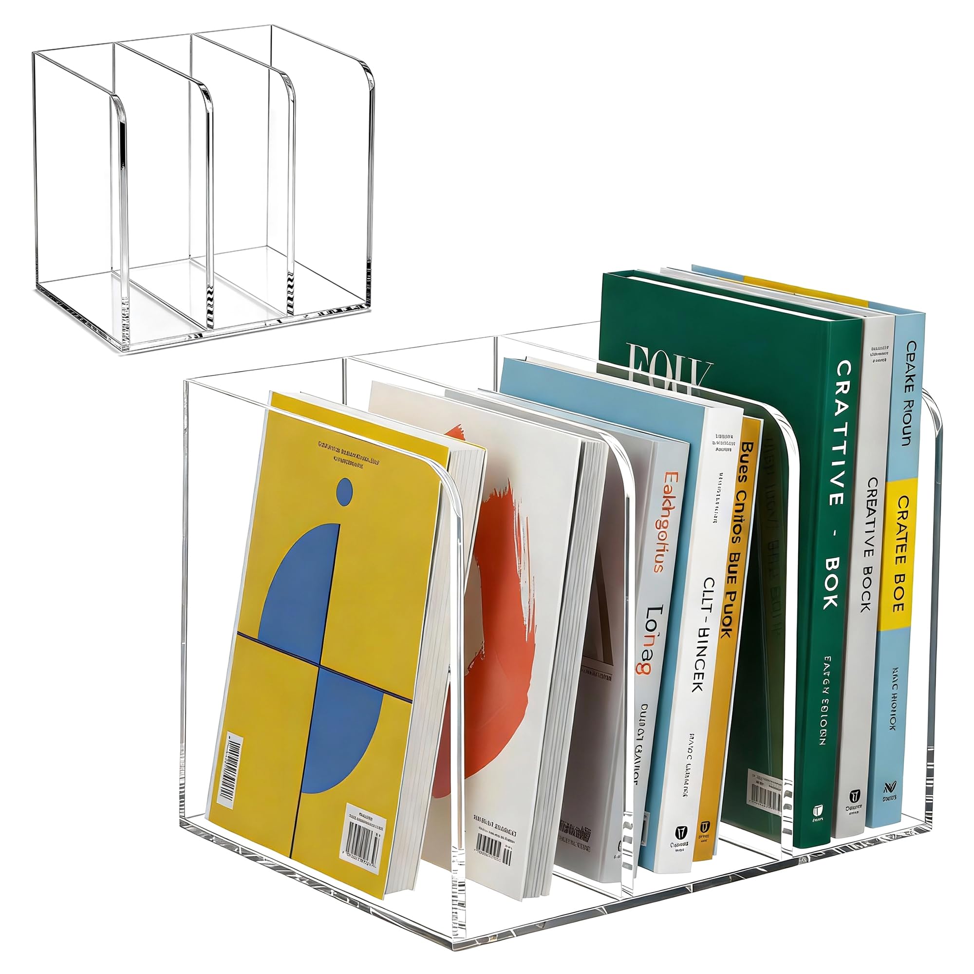 KOEMEHR Pack of 2 Clear Acrylic Magazine File Holder - 3 Compartment Vertical Desktop File Organiser Rack Book Divider for Office Desk, Home and School - No Assembly - 21.5 x 18.5 x 16 cm