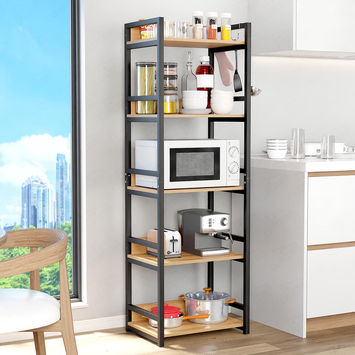 Lukzer 5 Layer Multipurpose Storage Rack - Heavy Duty Metal & Wood Kitchen Organizer | Space Saving Microwave Oven Stand for Modular Kitchen, Living Room, Bedroom & Office (MKR-005/Black & Oak Light)