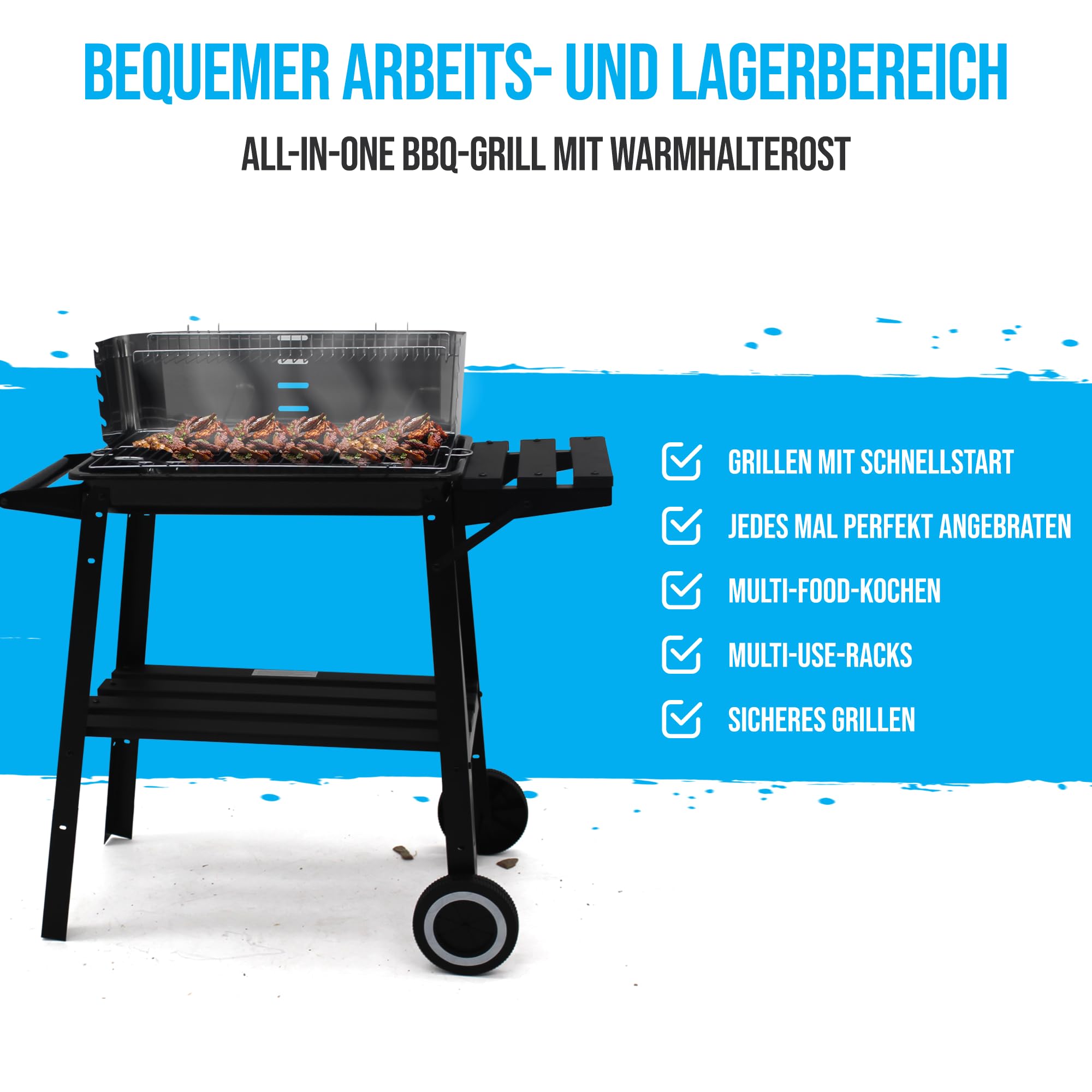 Holzkohlegrill edelstahl auf rollen,Säulengrill,BBQ-Grill,inkl 4-fach höhenverstellbarem Grillrost, Lüftungsregler,Aschekasten und Aschekasten, für Camping, Garten, Schwarz