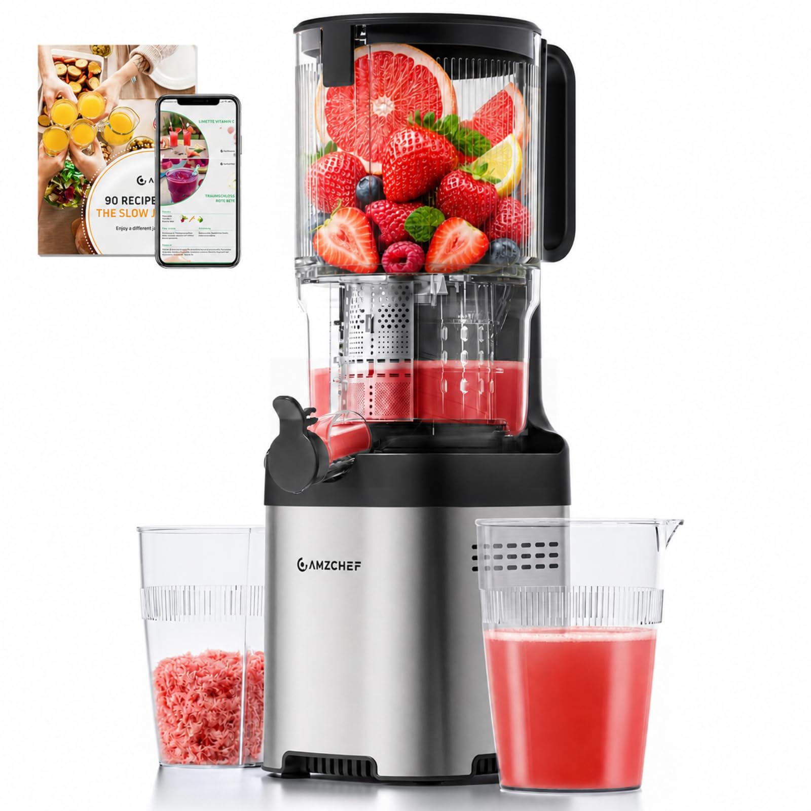 AMZCHEF Extractor de Zumos Prensado en Frío con Boca Ancha de 135 mm | Frutas y verduras enteras, 2 filtros para bebidas vegetales y sorbetes, 2 L, acero inoxidable plateado y fácil limpieza