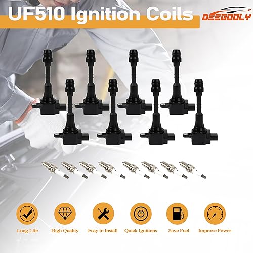 Miniatura 2 de Paquete de 8 bobinas de encendido UF-510 y bujías de iridio compatibles con Nissan Titan 2004-2007 Armada 2005-2006 Pathfinder Armada INFINITI QX56