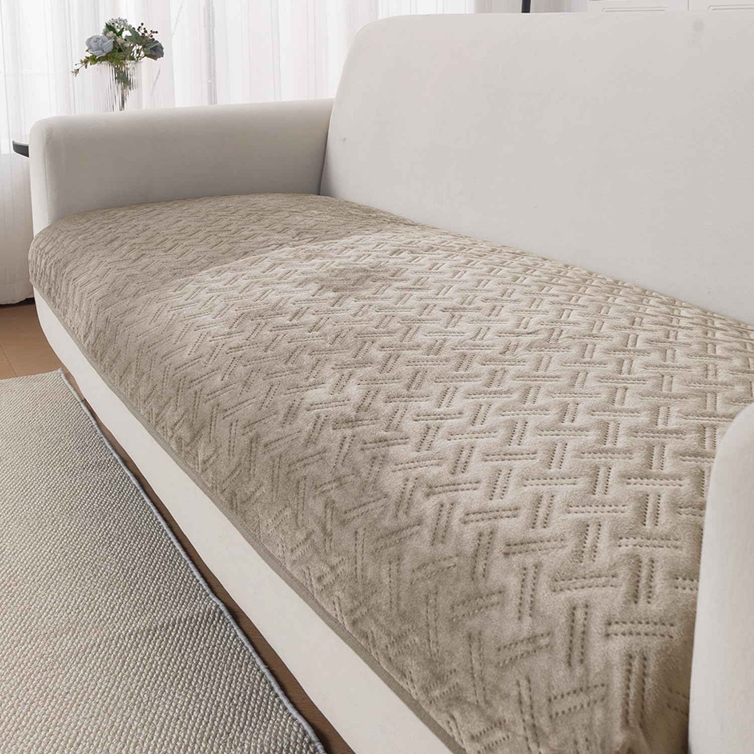 HOKIPO Premium Velvety Quilted Anti-Slip Sofa Cover Mats for L-Shape & 1/2/3 Seater Sofa | Make Your Own Sofa Cover Set, 'Softline Quilted Series' 70(W) x 220(L) cm | Latte Brown (AR-6319-LBR)