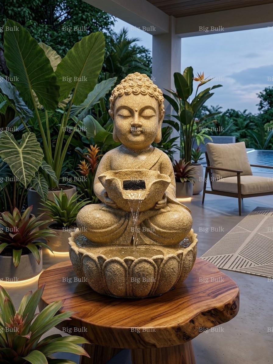 Little Monk Buddha Stone Look Fiber Indoor Outdoor Fountain with LED Lights for Home Decor and Office Decoration Or Gifting-image-4