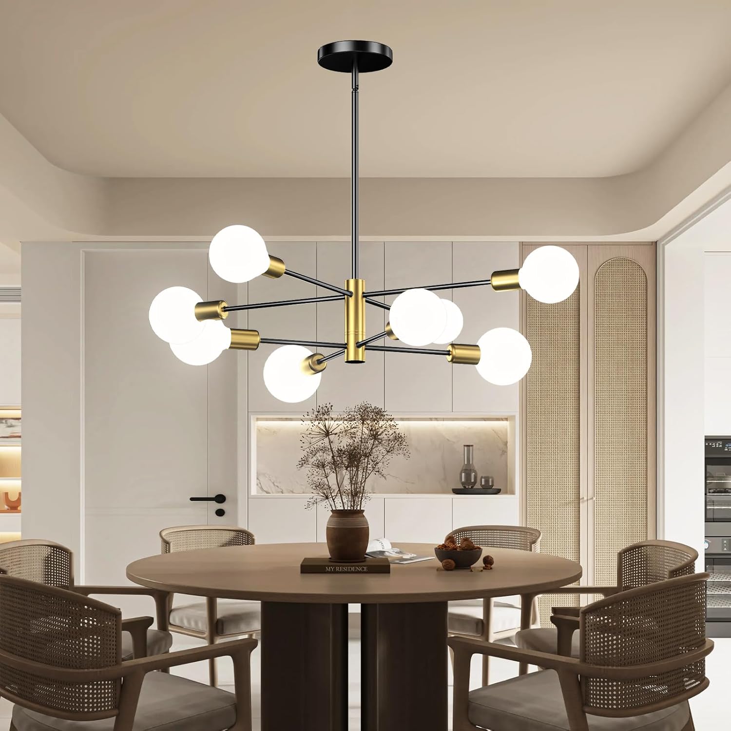 Modern Sputnik Chandelier, Ceiling Light Fixture Flush Mount 8-Light Black and Gold Chandeliers for Living Room Bedroom Dining Room Kitchen, Mid Century Chandeliers, E26 Base,(Bulbs Not Included)