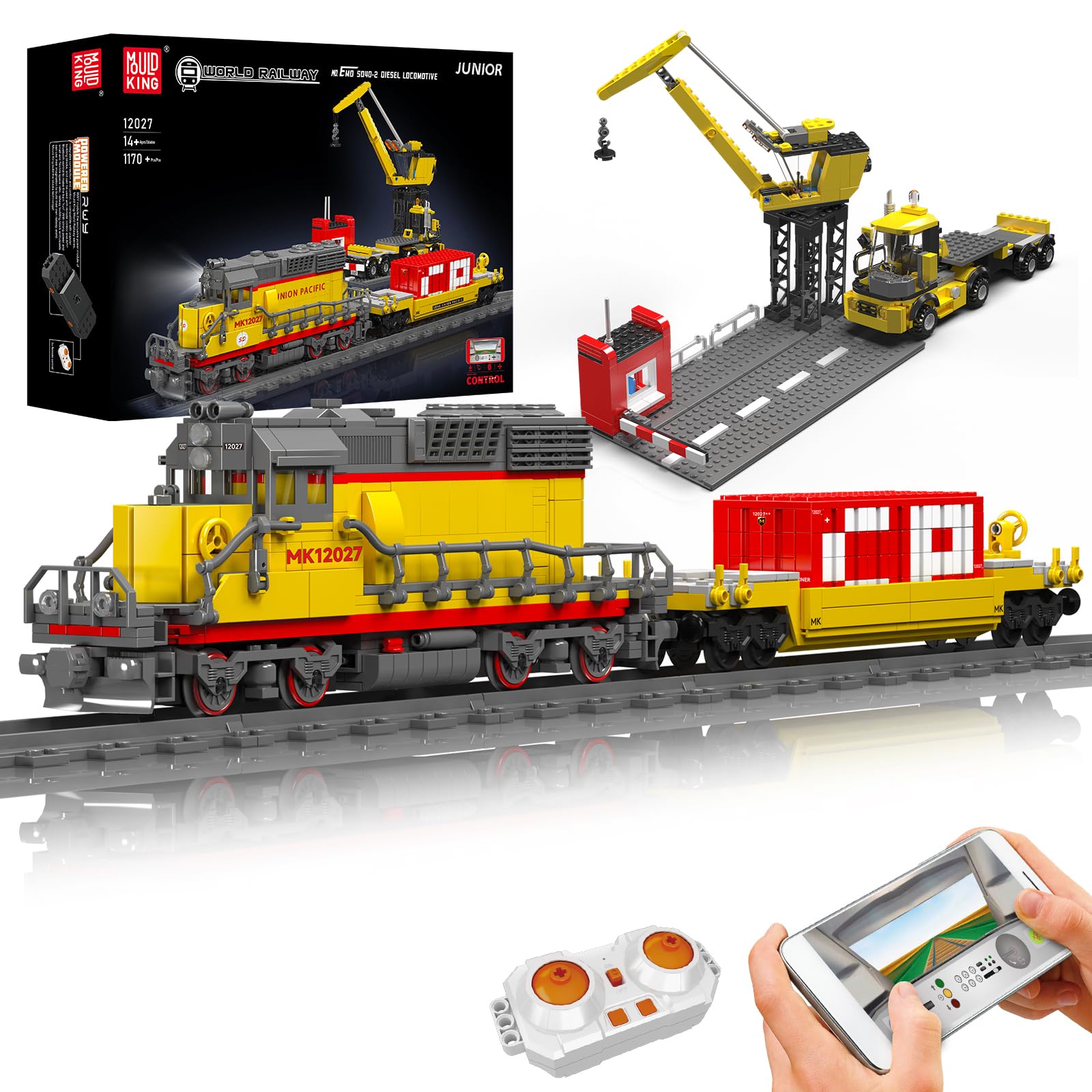 Mould King 12027 Kit di locomotiva diesel con semirimorchio e gru modello di tecnologia telecomandata, da collezione per adulti e appassionati di ferrovia (1257 pezzi)
