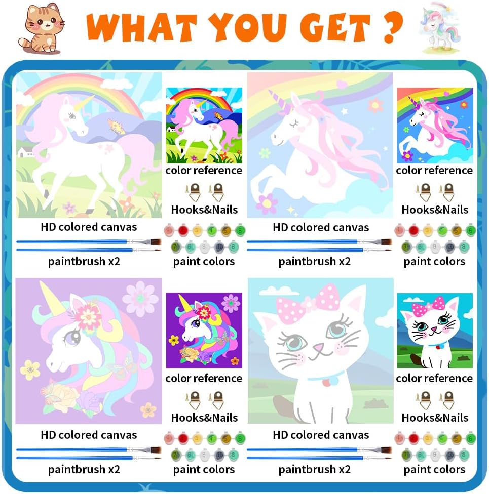 QEUOYSS 4 Paint by Numbers for Kids Ages 8-12 DIY Paint Set for Girls Boys Adults Beginner Crafts for Girls Ages 4-8 Acrylic Oil Painting by Number Kits Perfect for Gift Decor 8"x8" (4 Pack Dream)