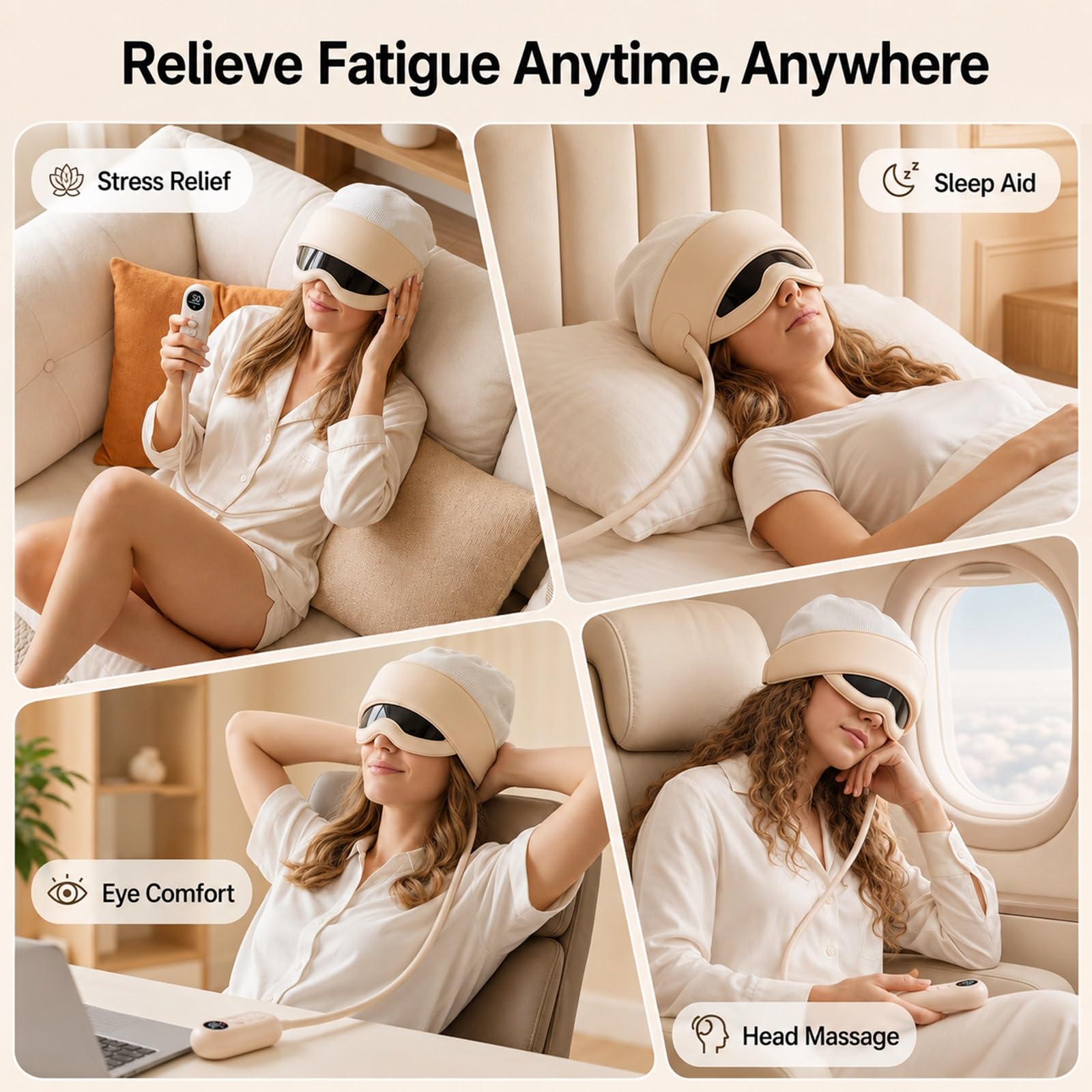 Massaggiatore 2-in-1 Per Testa E Occhi Con Calore A 6 Livelli E Massaggio A Pressione (Kneading) Su 6 Zone, Dispositivo Elettrico Con Telecomando E Visiera Trasparente, Alleviare Lo Stress