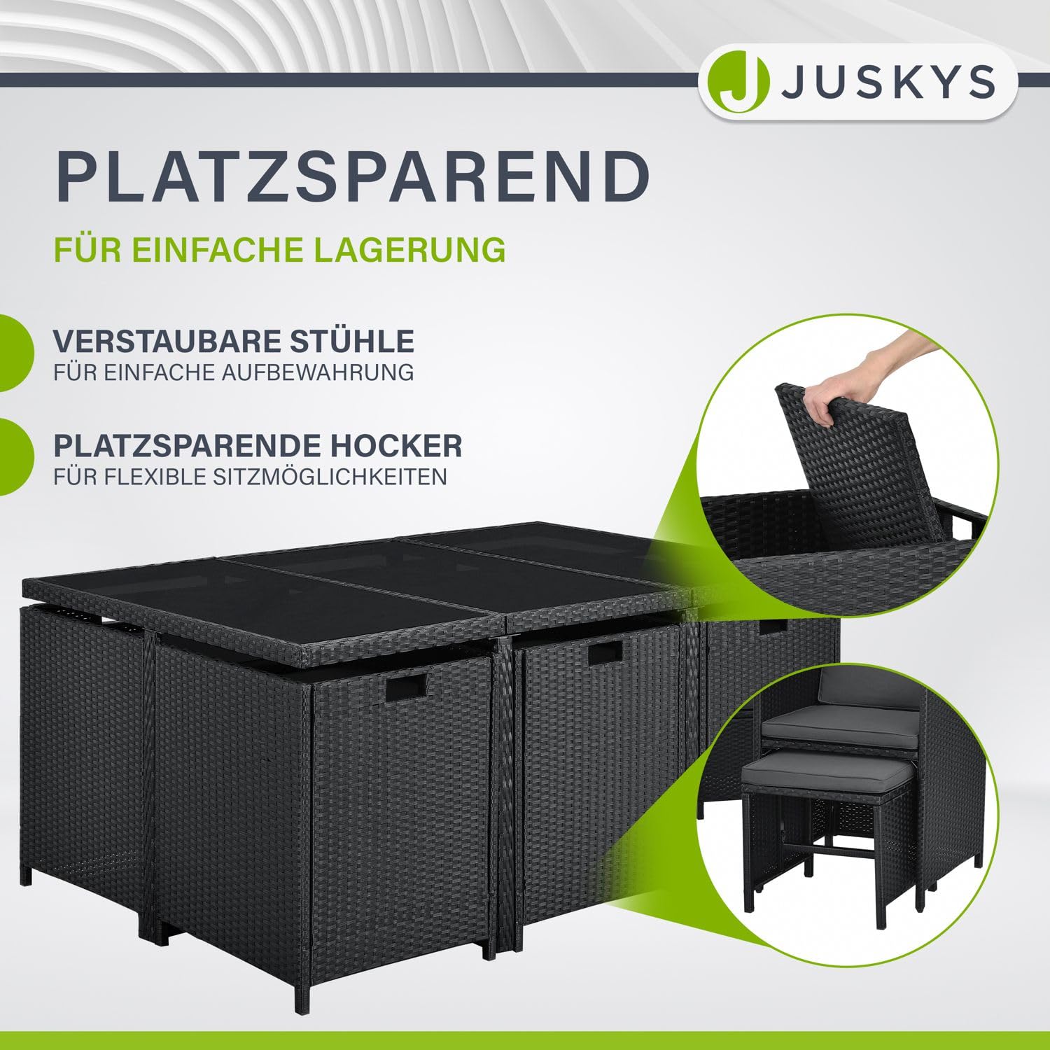 Juskys Polyrattan Sitzgruppe Baracoa XL 11-teilig wetterfest & stapelbar - 6 Stühle, 4 Hocker, Tisch mit Glasplatte & Kissen - 10 Personen - Gartenmöbel Set für Garten & Terrasse