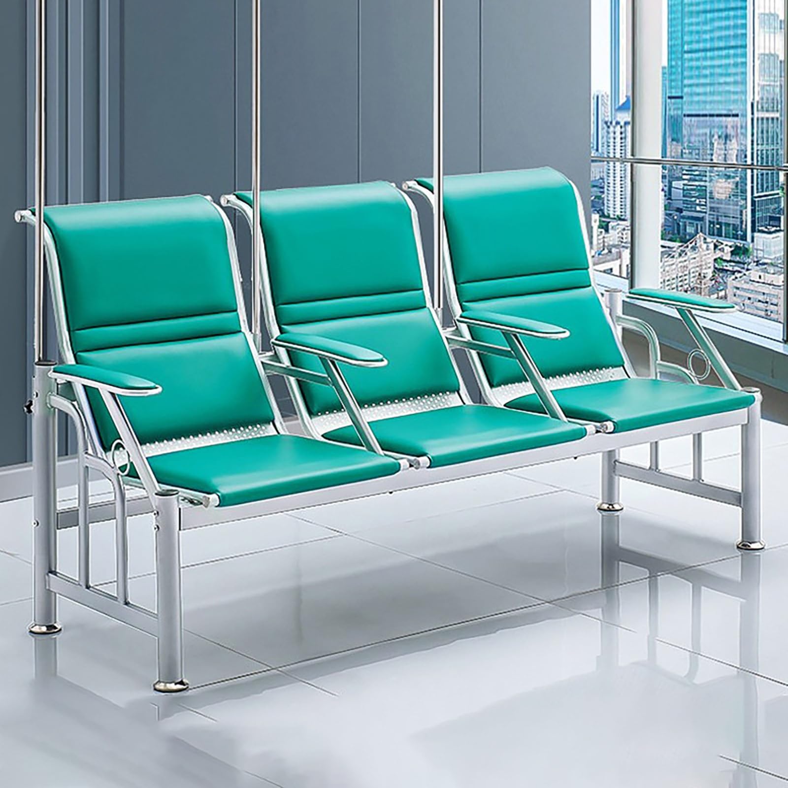 WDSOPK Waiting Room Chairs,3-Seat Leather Waiting Room Bench with Armrests & IV Stand, Phlebotomy Chair for Lobby & Comfortable Reception Chairs(Green-3-Seat)