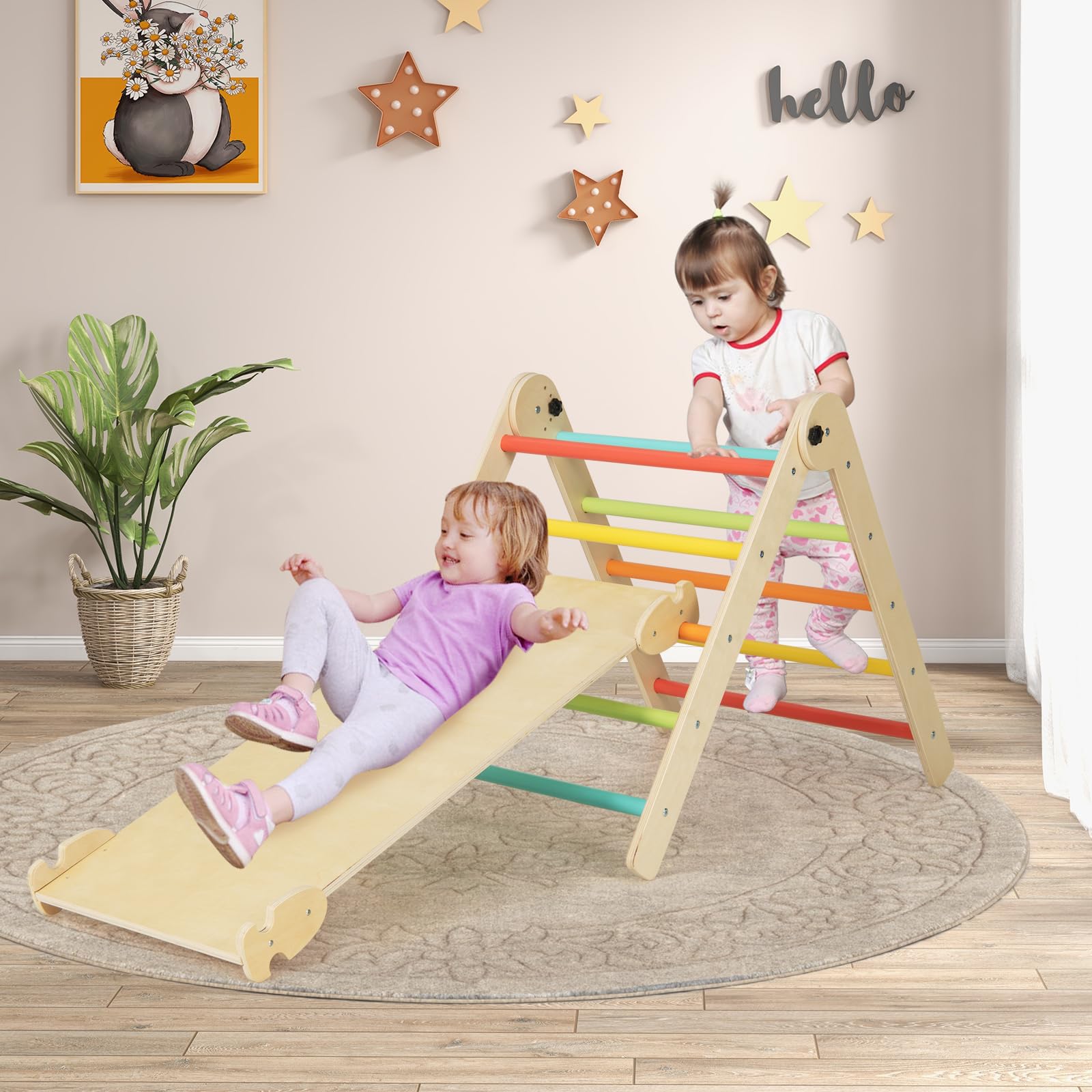 COSTWAY Triángulos de Escalada Plegables y Ajustables 3 en 1, Juguetes Triangulares de Escalada para Niños con Rampa Deslizante, Escalador Triangular de Madera Montessori (Multicolor)