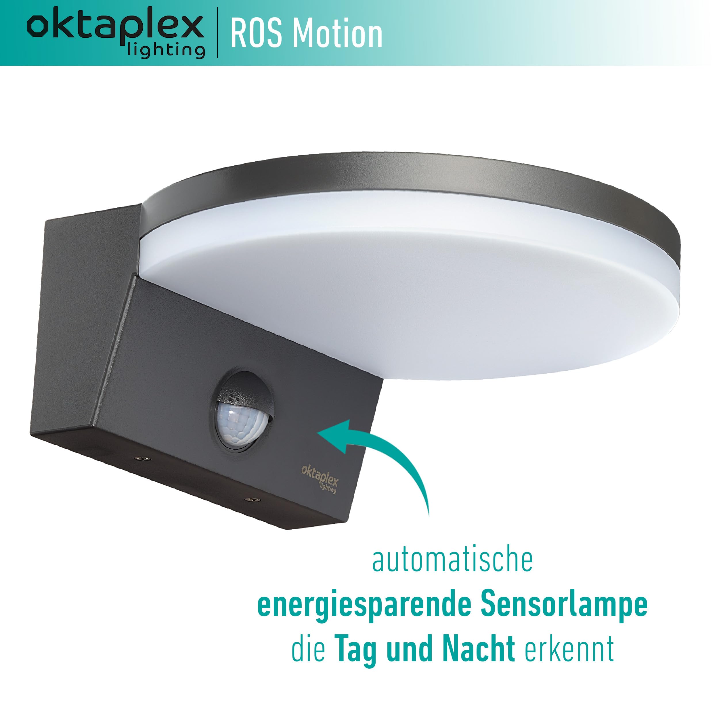 Oktaplex Lighting Ros lampa zewnętrzna z czujnikiem ruchu IP65, 3000 K ciepła biel, lampa LED, 1300 lumenów, 14,6 W, 230 V, lampa ścienna antracytowa