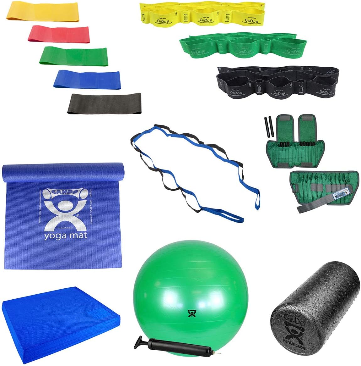 Fabrication Home Exercise Kit (Elite) Includes Exercise Mat,Balance Pad, Multi-Grip Exercisers, Latex Band Loops, Cuff Weights, Inflatable Exercise Ball, Dynamic Stretch Strap, Foam Roller