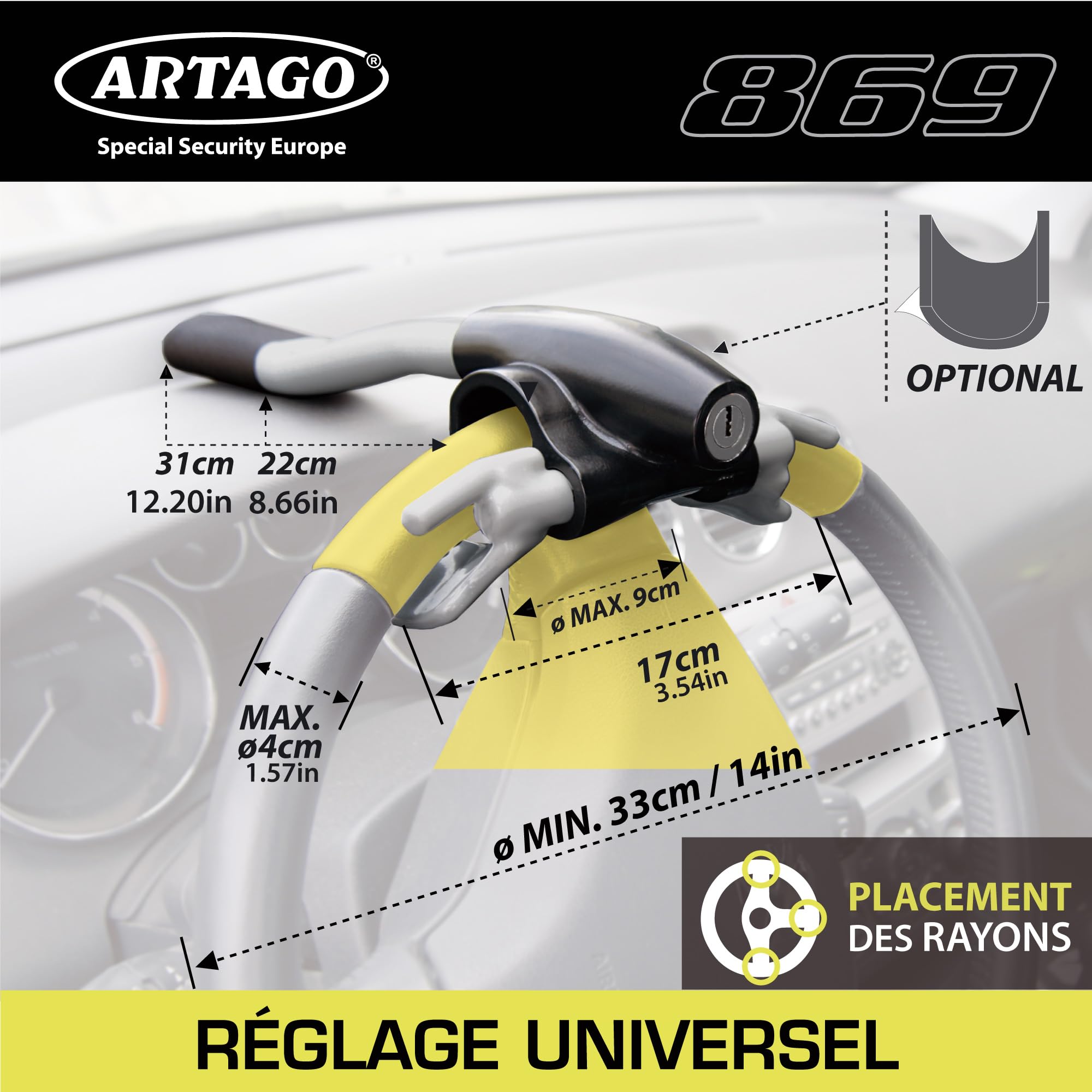 Artago 869 Antivol Voiture Haut de Gamme, Canne Antivol Voiture Plus Sûr Autour du Rayon, Bloque Volant Verrouillage Plus Pratique Presse&Clic, Bloc Barre Anti Vol Universel pour Auto SUV Camping-Car